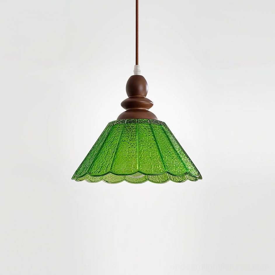 Elara green scalloped glass pendant lamp with walnut wood fixture, minimalist vintage lighting studio shot