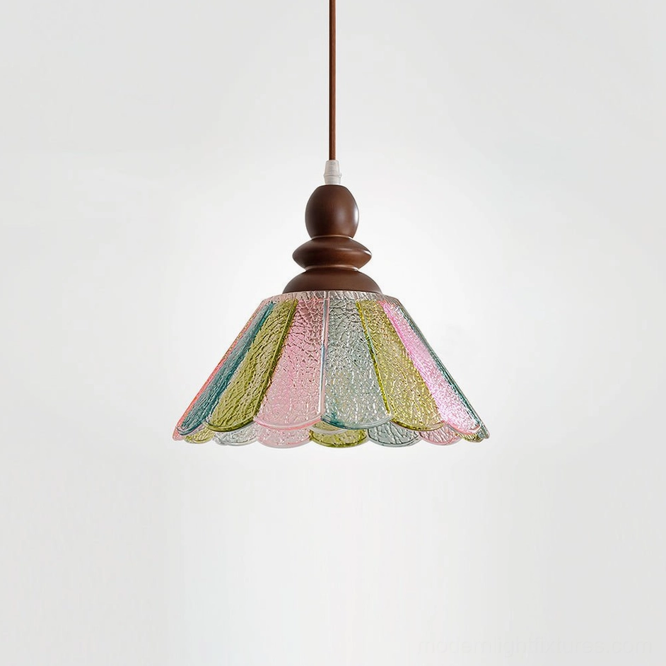 Elara multicolor patchwork scalloped pendant lamp with bohemian vintage glass shade, artisanal design