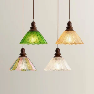 Four-piece Elara scalloped pendant lamp collection with multicolor frosted glass shades including green, amber, clear, and pastel options