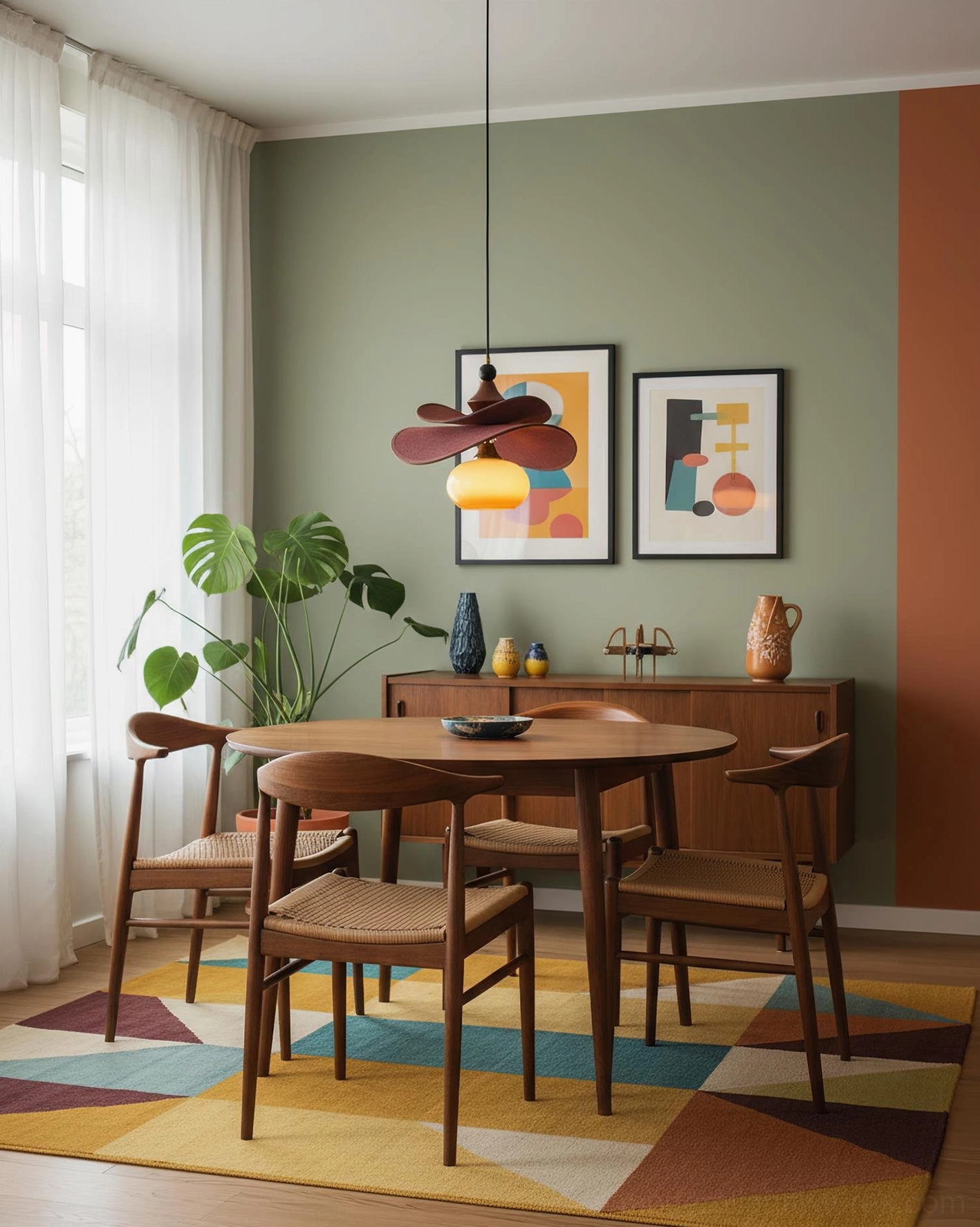 Elaren hanging pendant light in contemporary dining space, ambient lighting, warm color palette
