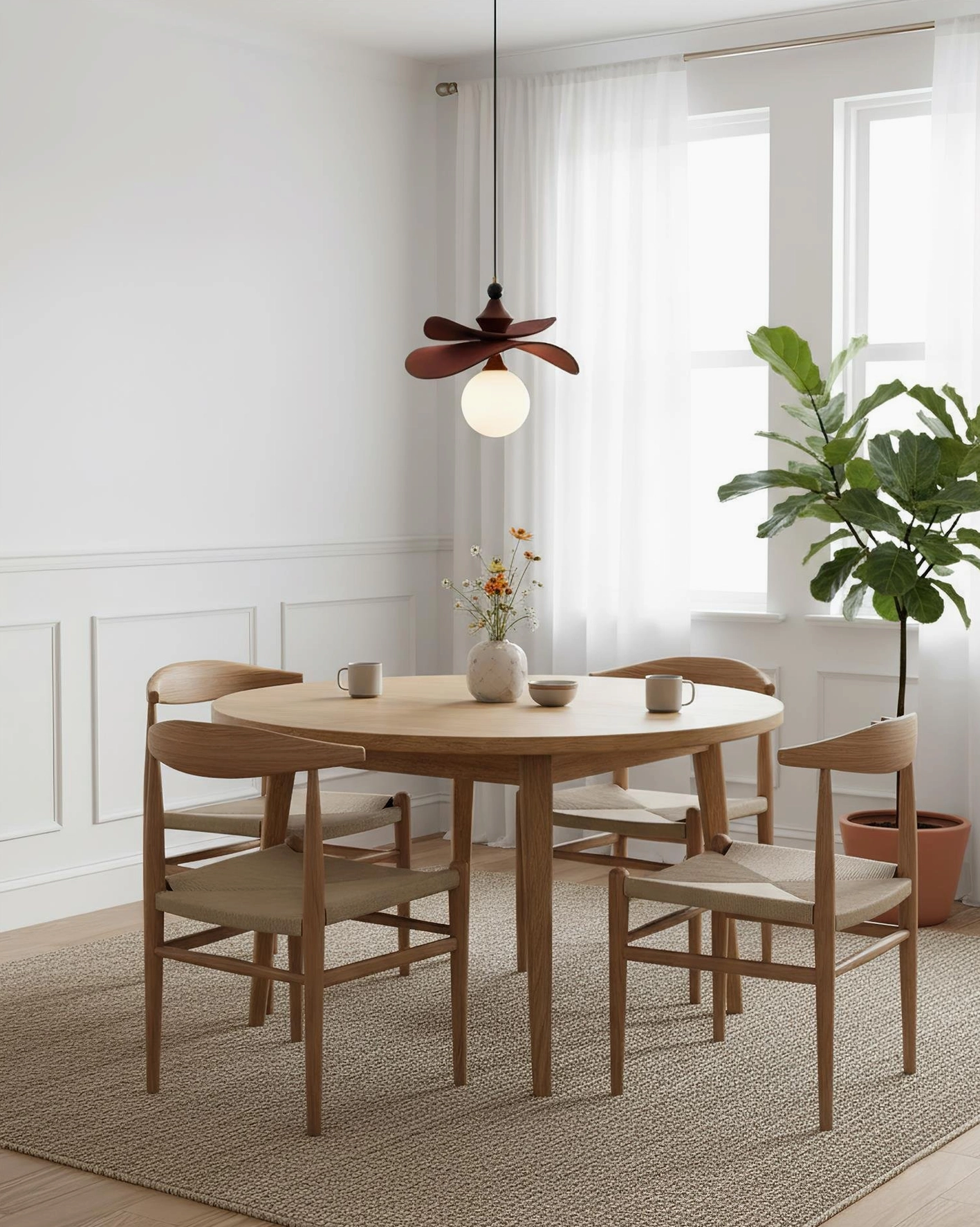 Elaren compact pendant light minimalist dining room, warm white bulb, wooden furniture