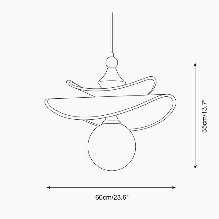 Elaren pendant light technical diagram orthographic view, simplified layered petal shade design