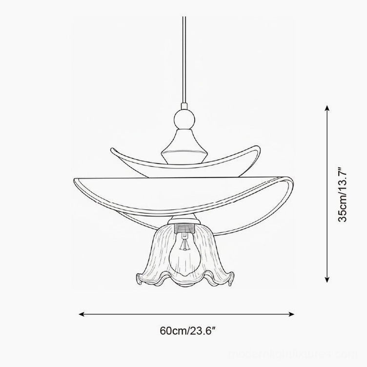 Elaren hanging lamp design illustration orthographic front view, exposed bulb, ornate shade base