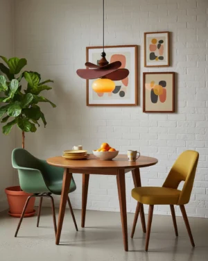 Elaren wooden pendant lamp illuminated in mid-century modern dining room with brick wall, warm glow