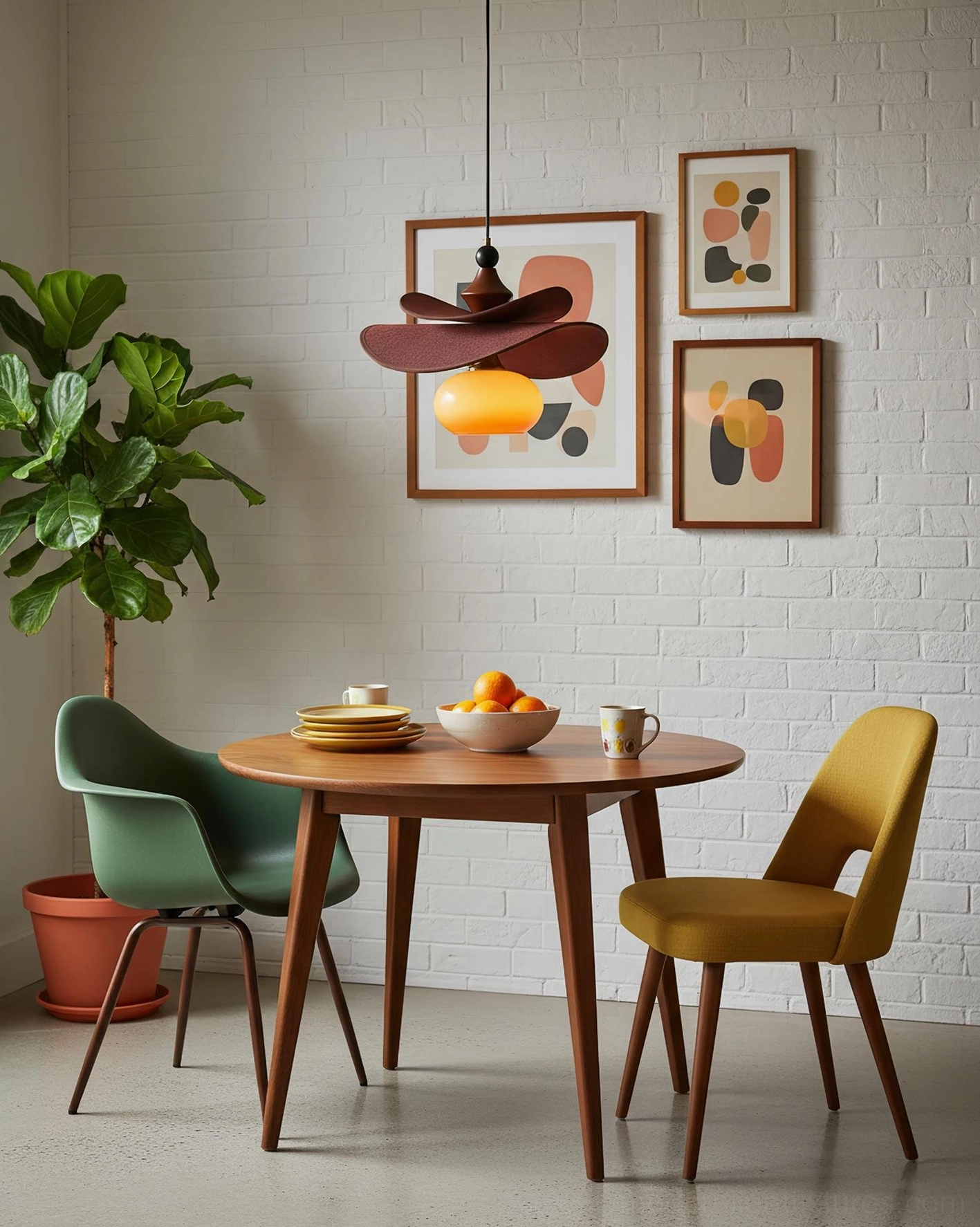 Elaren wooden pendant lamp illuminated in mid-century modern dining room with brick wall, warm glow