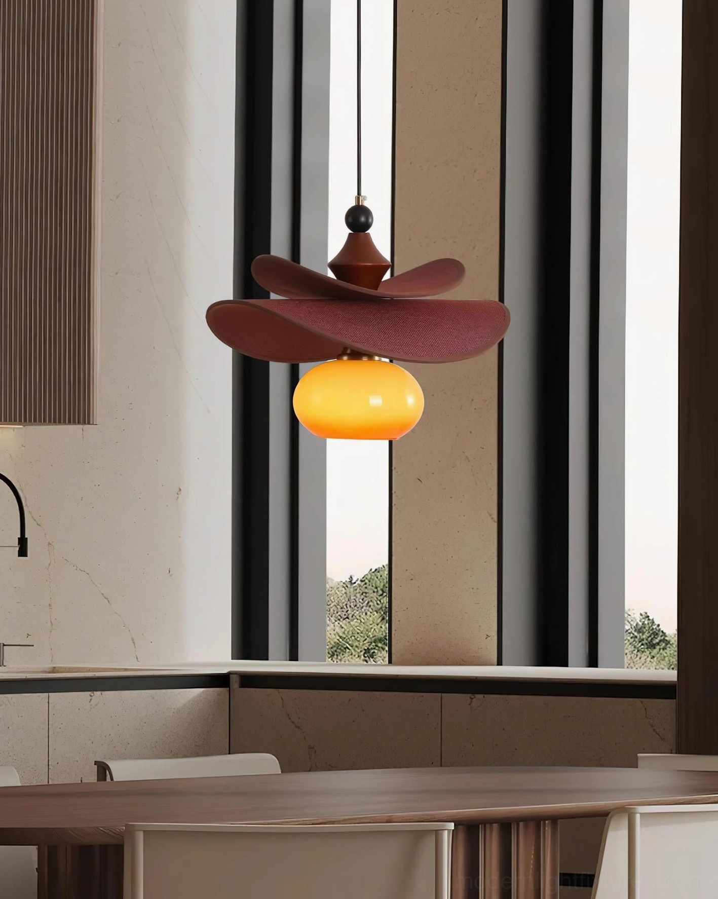 Elaren wooden pendant lamp in home interior setting, warm ambient lighting, lifestyle view