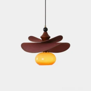 Elaren modern pendant light with layered wooden petal shade and amber glass globe, front studio view