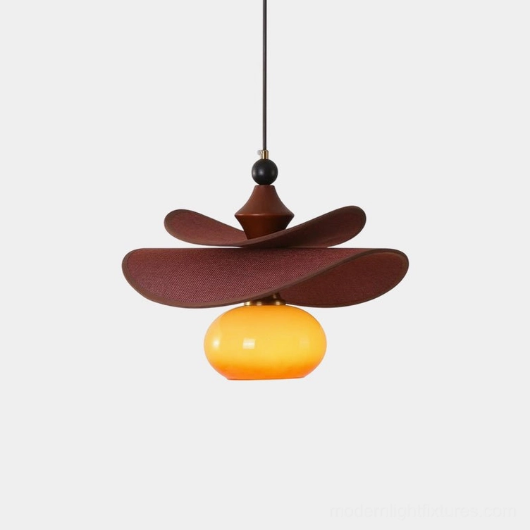 Elaren modern pendant light with layered wooden petal shade and amber glass globe, front studio view