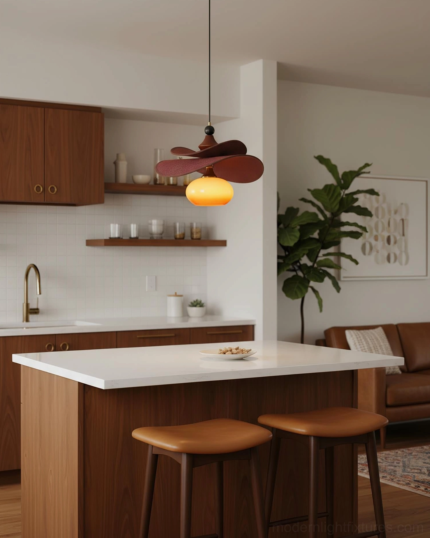 Elaren modern pendant light sculptural detail, layered wooden petals, contemporary design focus