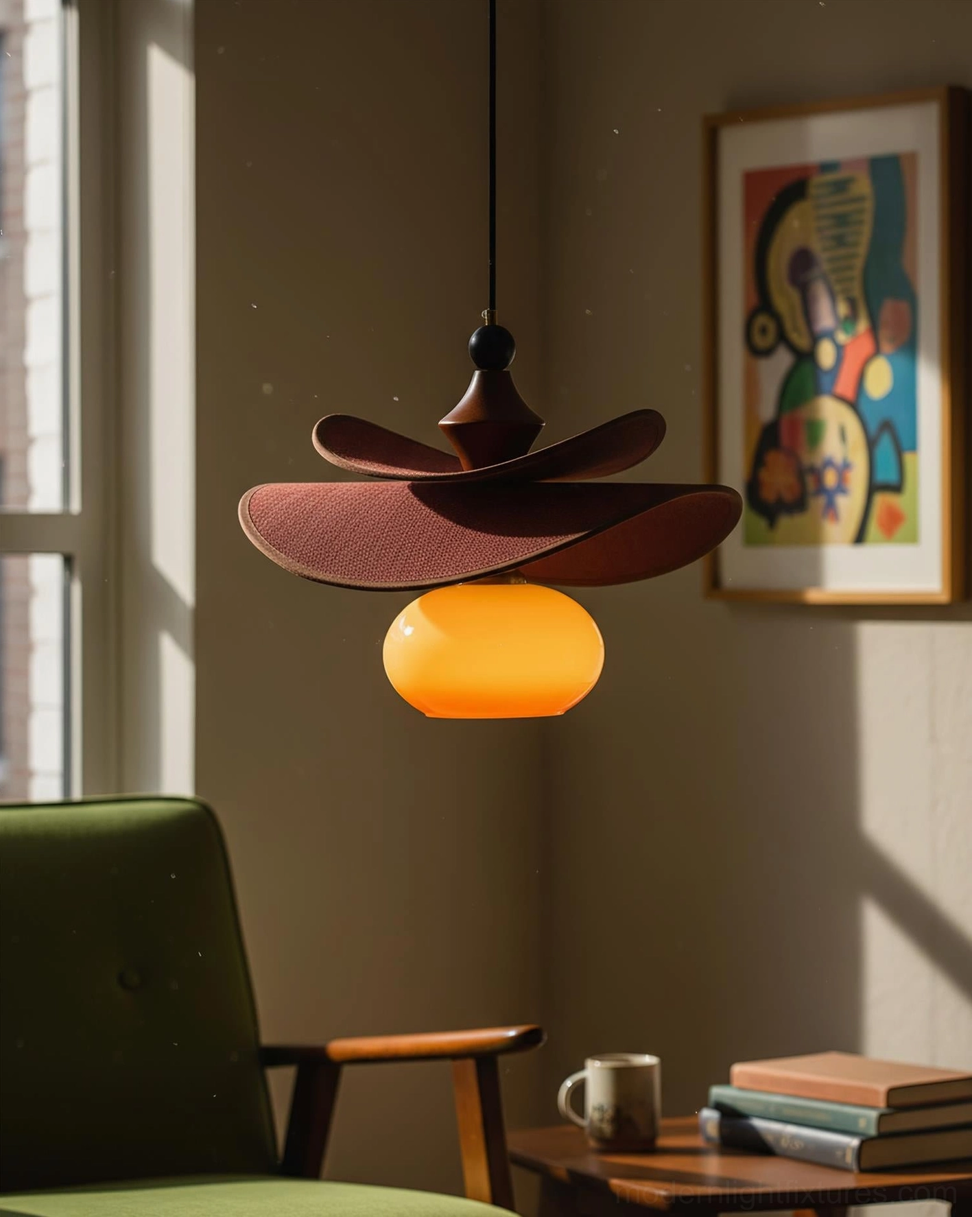 Elaren wooden pendant lamp side close-up cozy living corner, dark brown shade, warm amber glow