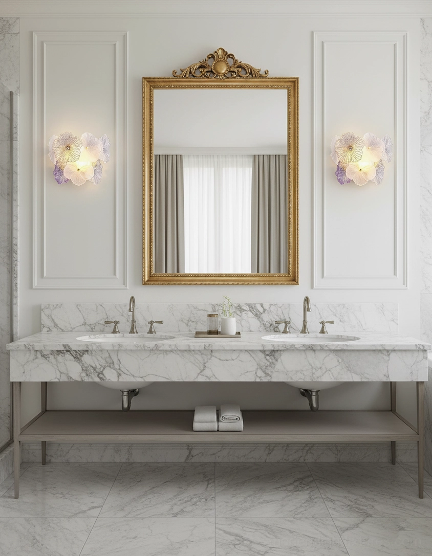 Elaria small floral wall lamp paired in luxury marble bathroom double-sink upscale design