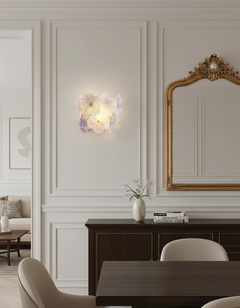 Elaria single floral wall sconce in luxury dining room with ornate gold mirror neoclassical decor