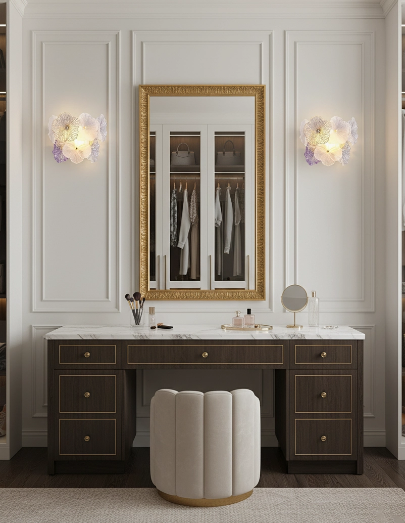 Pair of Elaria floral wall sconces in walk-in closet vanity sophisticated dressing room lighting