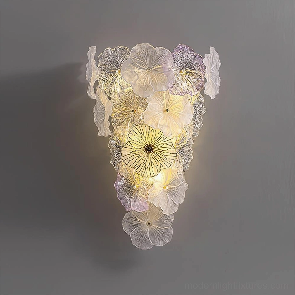 Elaria purple and clear layered floral glass wall sconce close-up detail of transparent flower shades