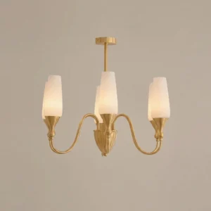 4-light Eldora brass chandelier with curved brass arms and white tulip shades, centered front view on neutral background