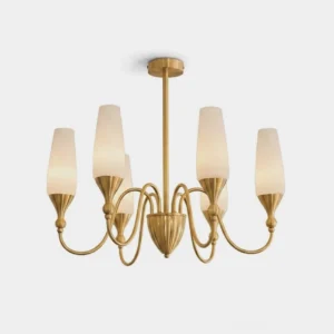 6-light Eldora brass chandelier with frosted white glass tulip shades facing upward, front studio view on white background