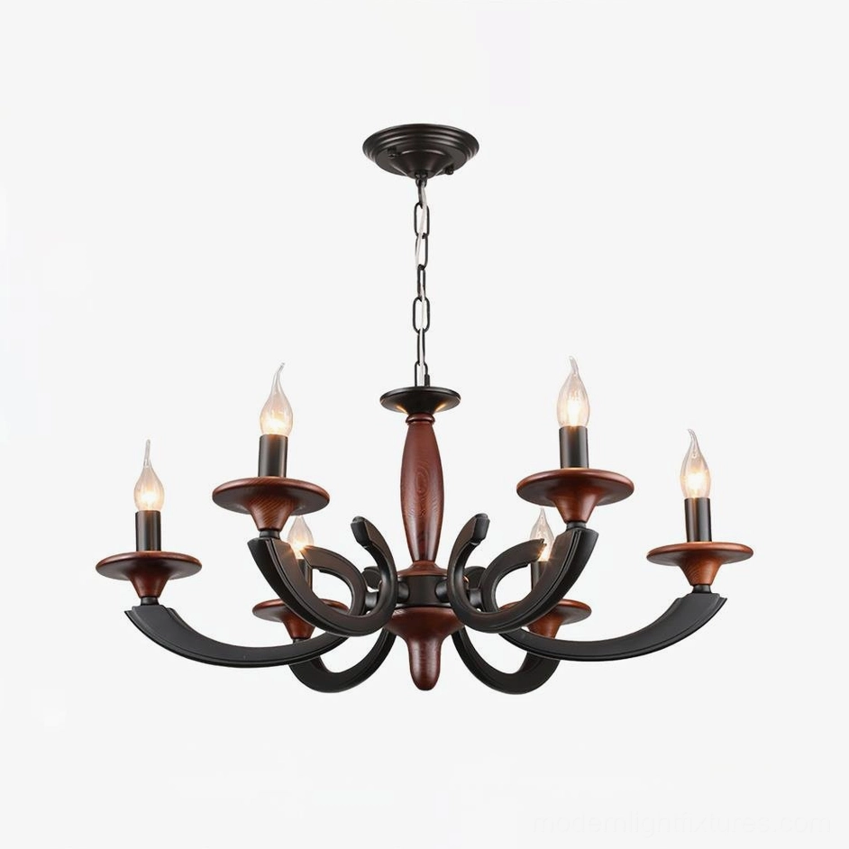 Eldric 6-head chandelier medium size black metal walnut wood decorative lighting fixture
