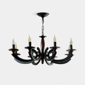 Eldric 8-head wood and metal chandelier studio overhead view with matte black finish and walnut wood accents