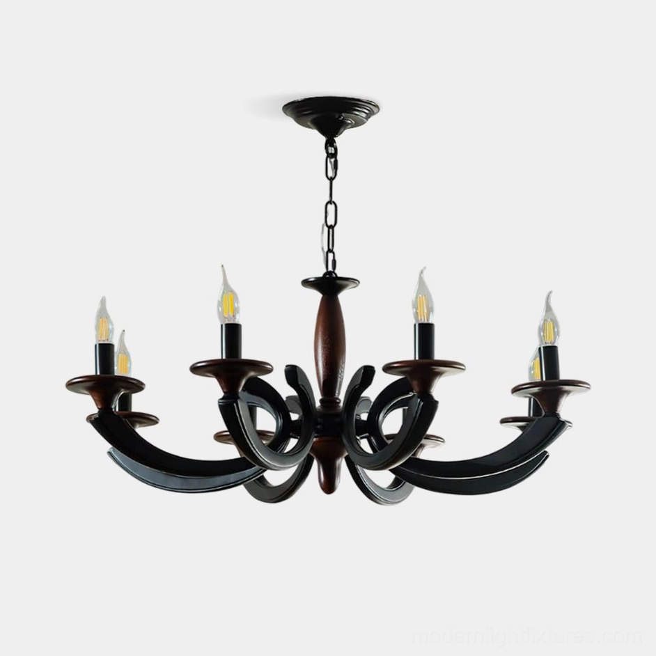 Eldric 8-head wood and metal chandelier studio overhead view with matte black finish and walnut wood accents