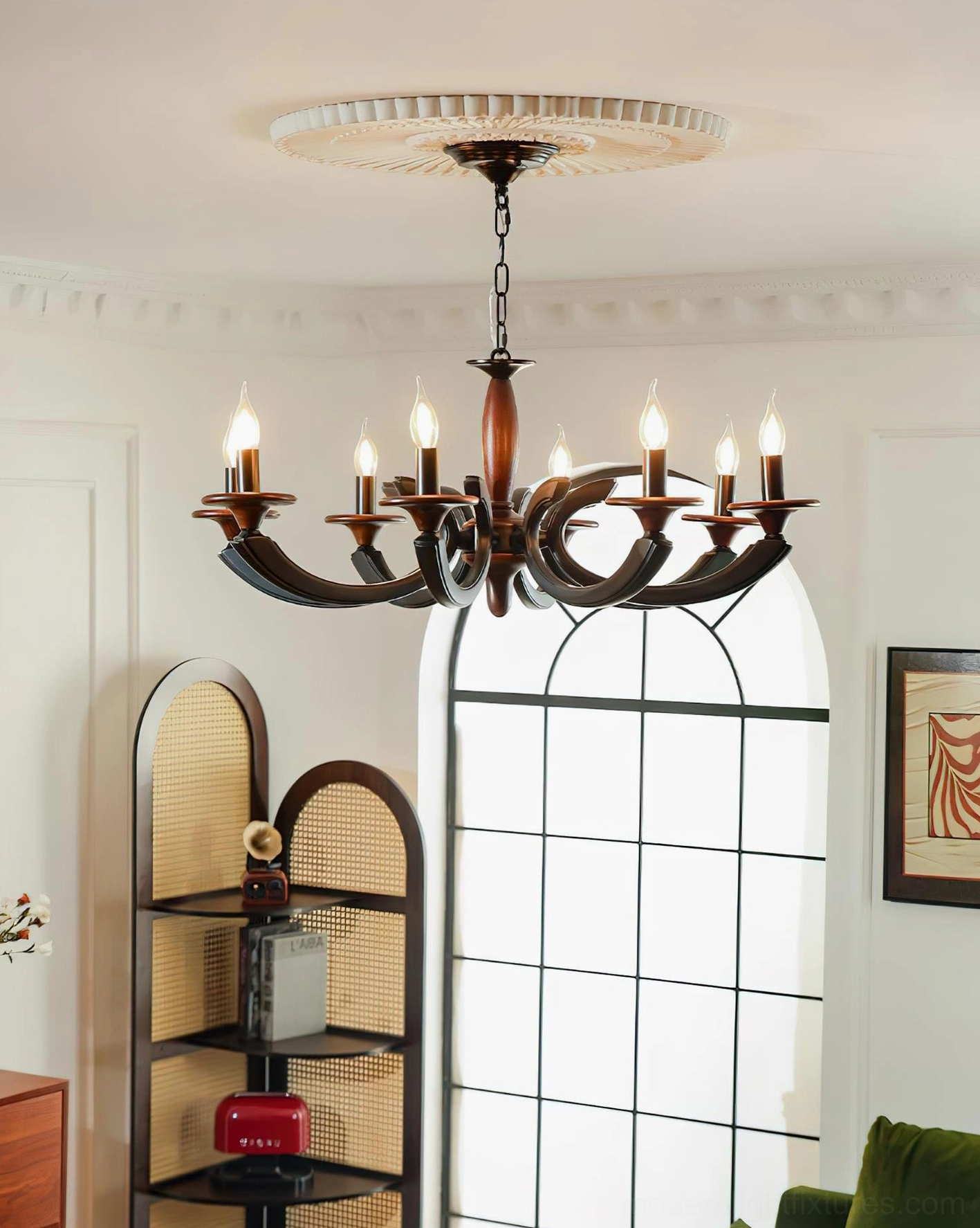 Eldric chandelier close-up in living room with shelf decor black metal and walnut wood frame ceiling medallion