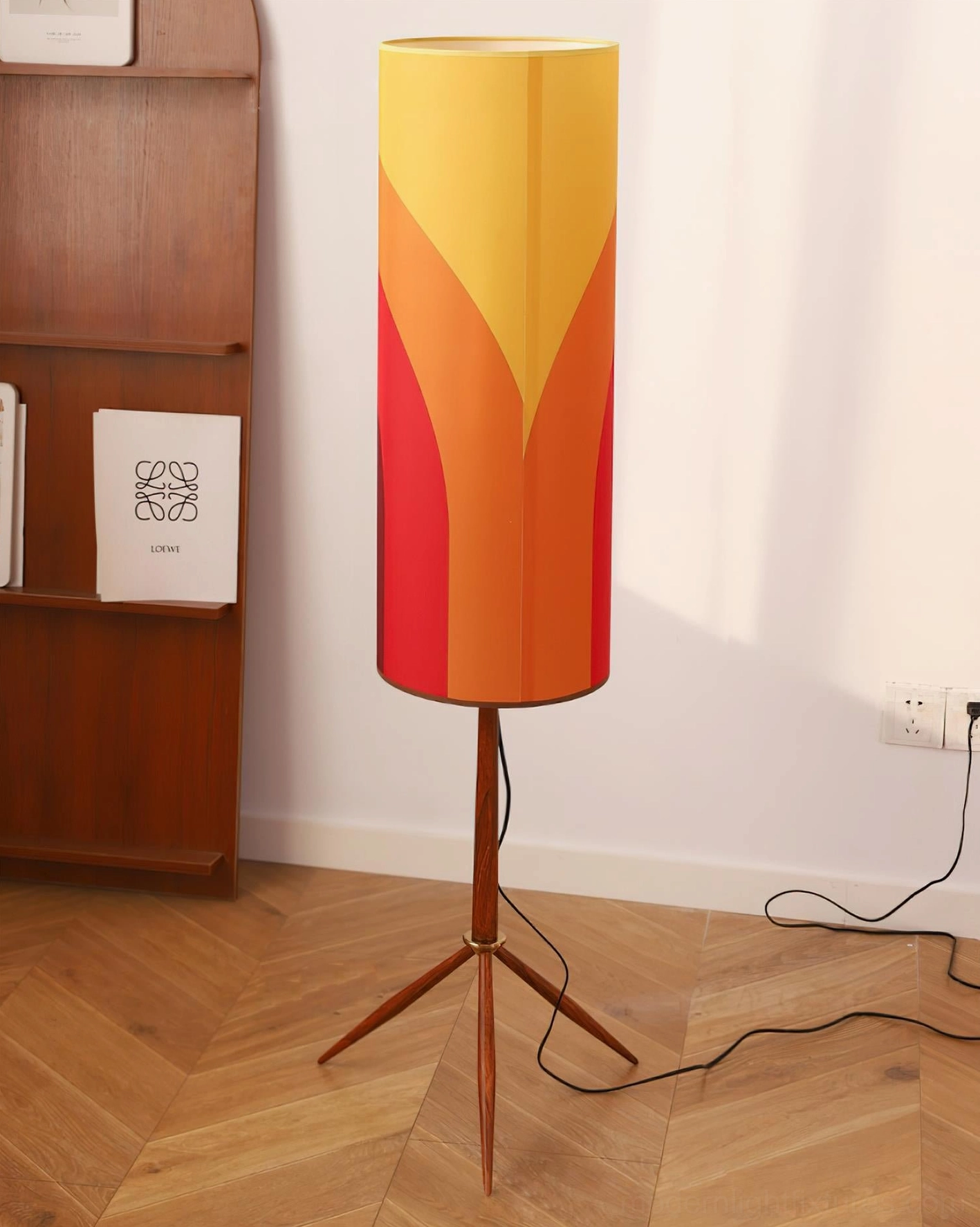 Electra floor lamp with colorful gradient fabric shade and wood tripod base, perfect for eclectic and contemporary interior design