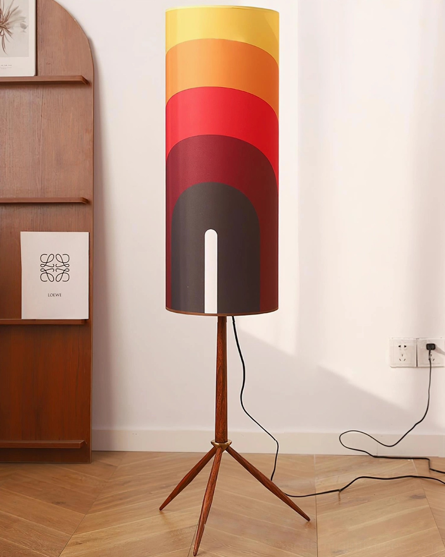 Hand-cut fabric gradient shade for Electra tripod floor lamp, showcasing unique artisanal pattern and warm hue transitions