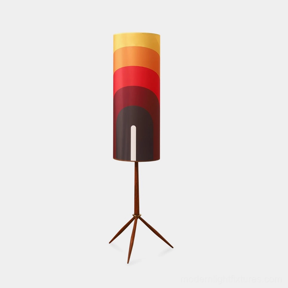 Electra mid-century modern tripod floor lamp with warm gradient rainbow fabric shade and solid walnut wood stand, direct front view