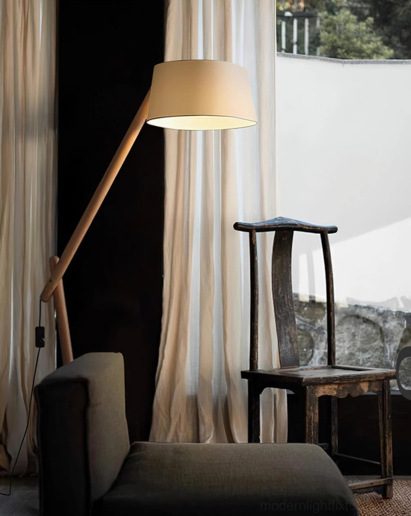 Elegant cantilever floor lamp with wood body base and metal arm in contemporary aesthetic