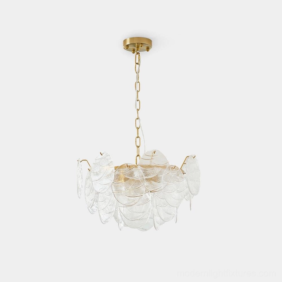 Elegant gold disc Victorian glass chandelier with clear textured leaf-shaped glass accents
