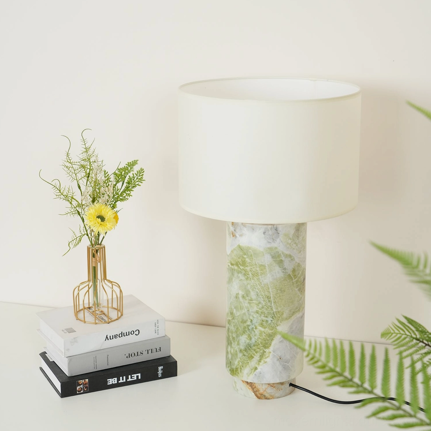 Elegant marble table lamp with fabric shade and natural stone cylindrical base for modern home lighting design