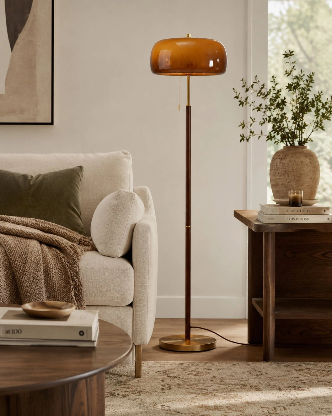 Elegant mid-century mushroom floor lamp with warm ambient lighting in contemporary interior space