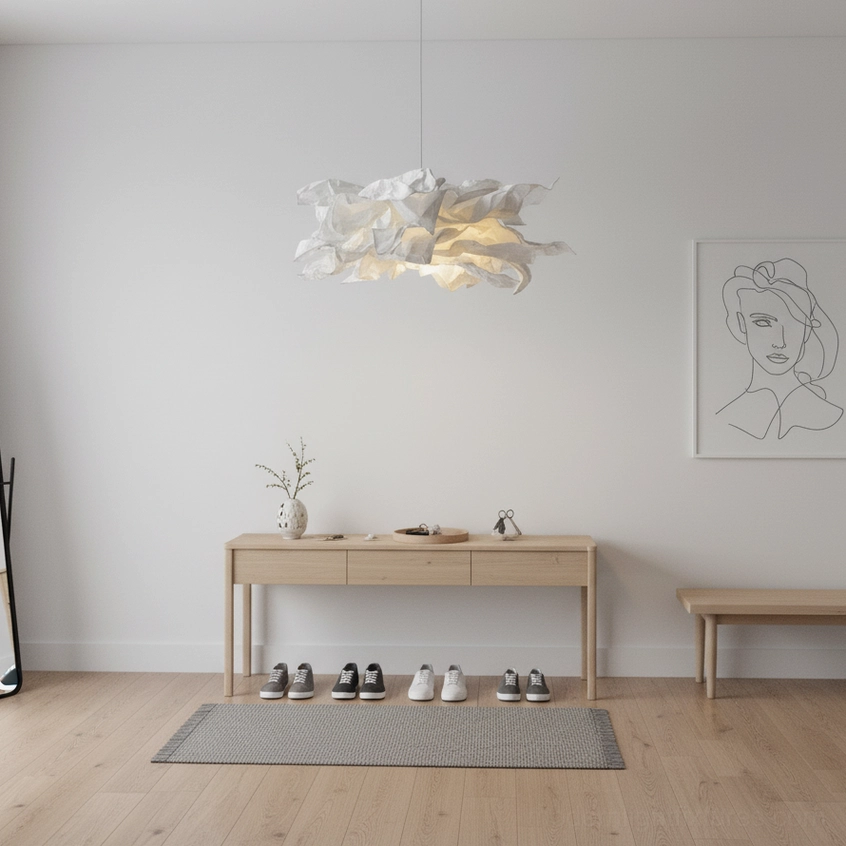 Elegant handcrafted paper pendant ceiling light with warm illumination in minimalist room setting