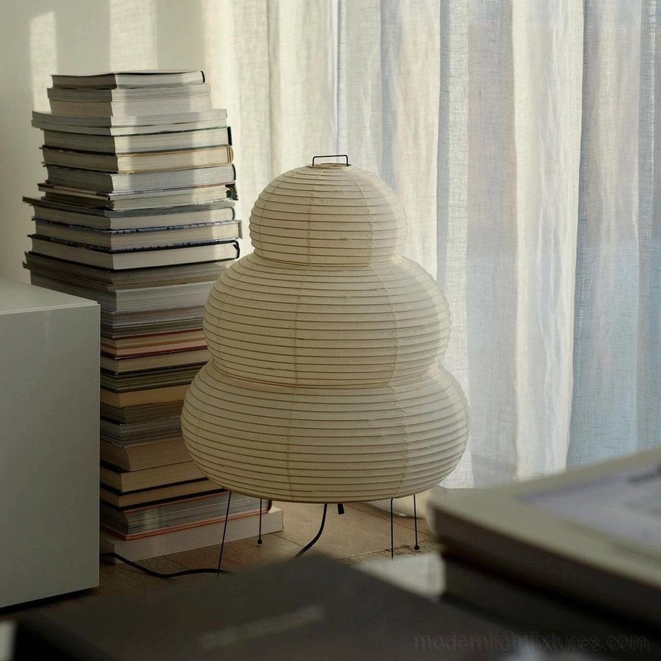 Elegant white tiered Shoji paper table lamp, refined Japanese-inspired design aesthetic