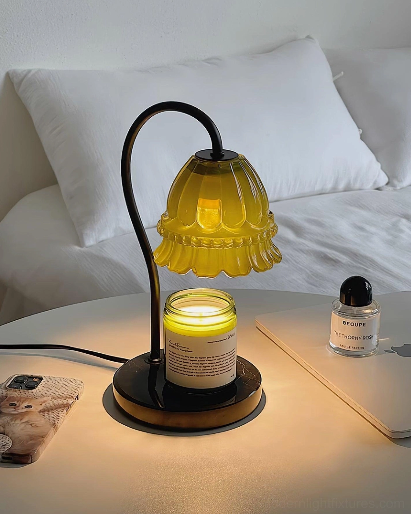 Contemporary table lamp candle warmer with elegant glass and marble construction