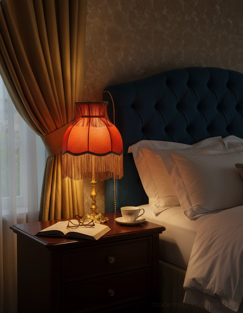 Elegant tassel table lamp with red velvet shade and carved brass ornamental base