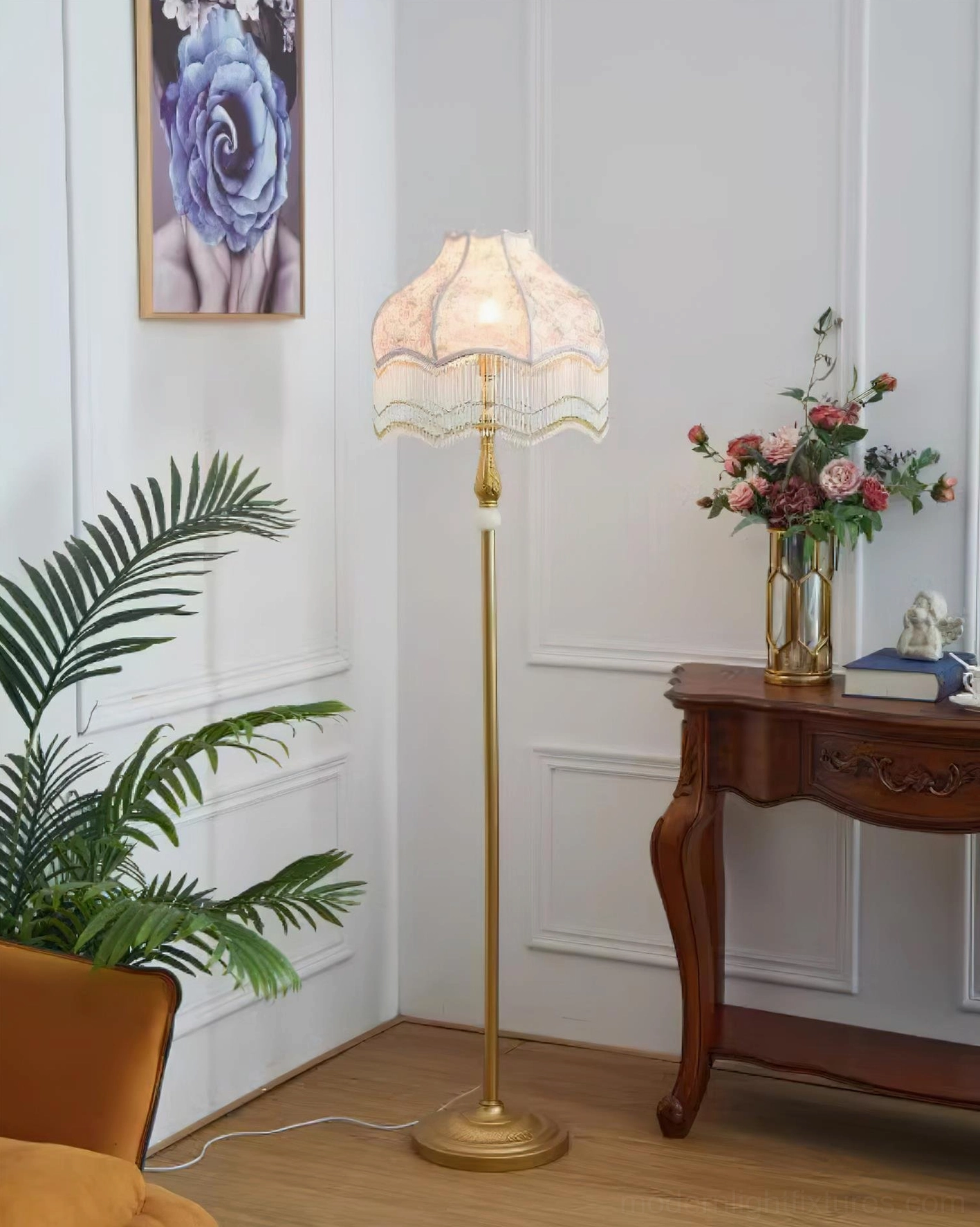 Elegant Victorian floor lamp with floral fabric shade and decorative gold stand