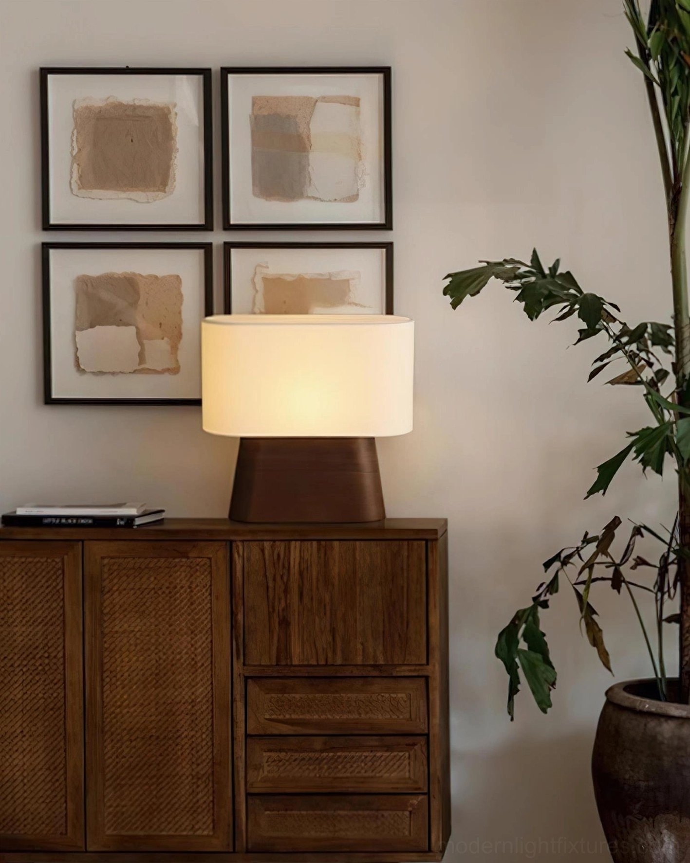 Elegant wood table lamp with refined tapered base in contemporary living space