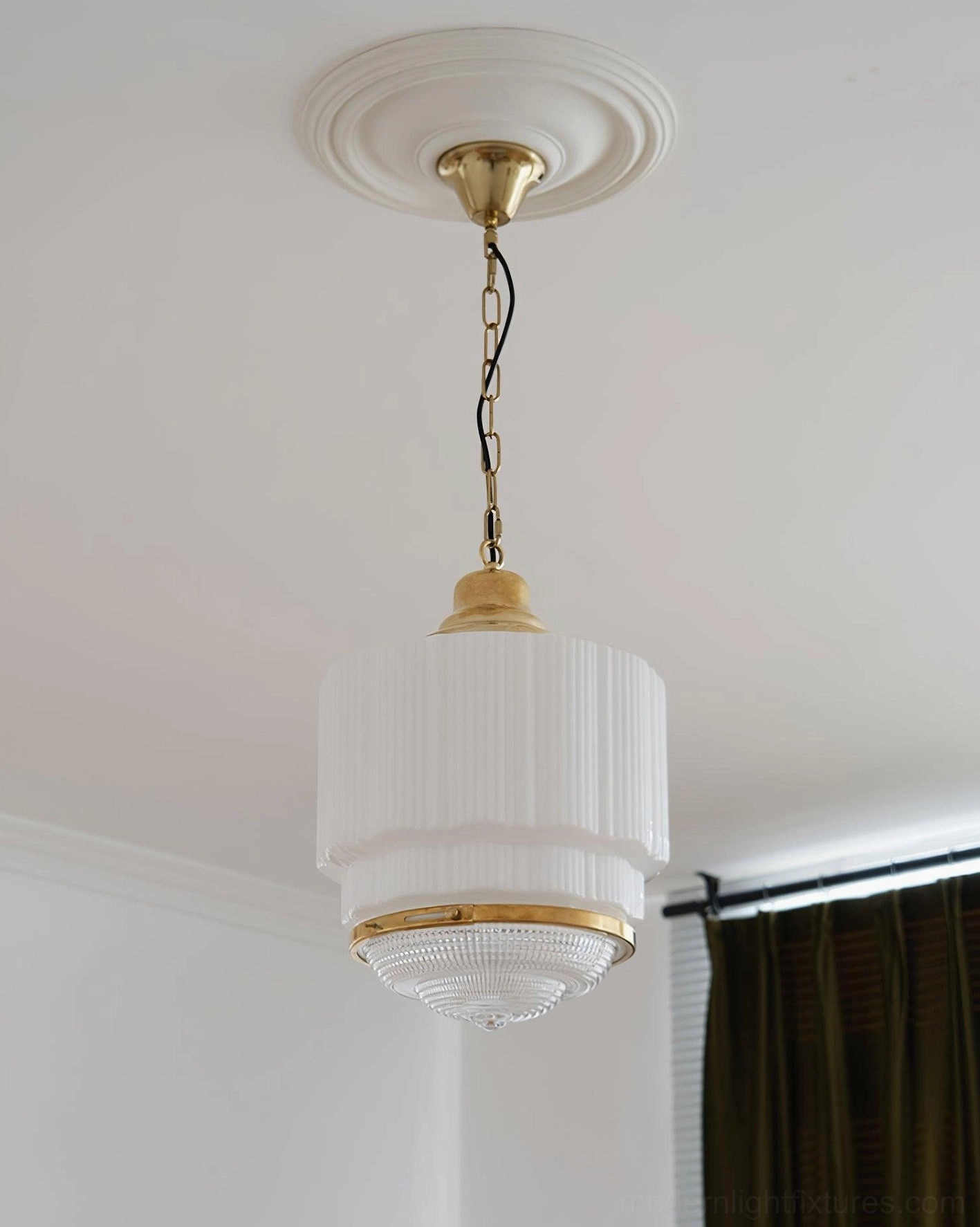 Elena Art Deco Style Pendant Lamp - Living Room Installation with Dark Curtain Background - Tiered Glass Design