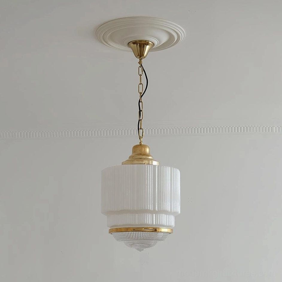Elena Classic Art Deco Pendant Light - Minimalist White Wall Interior - Brass Hardware Ribbed White Glass