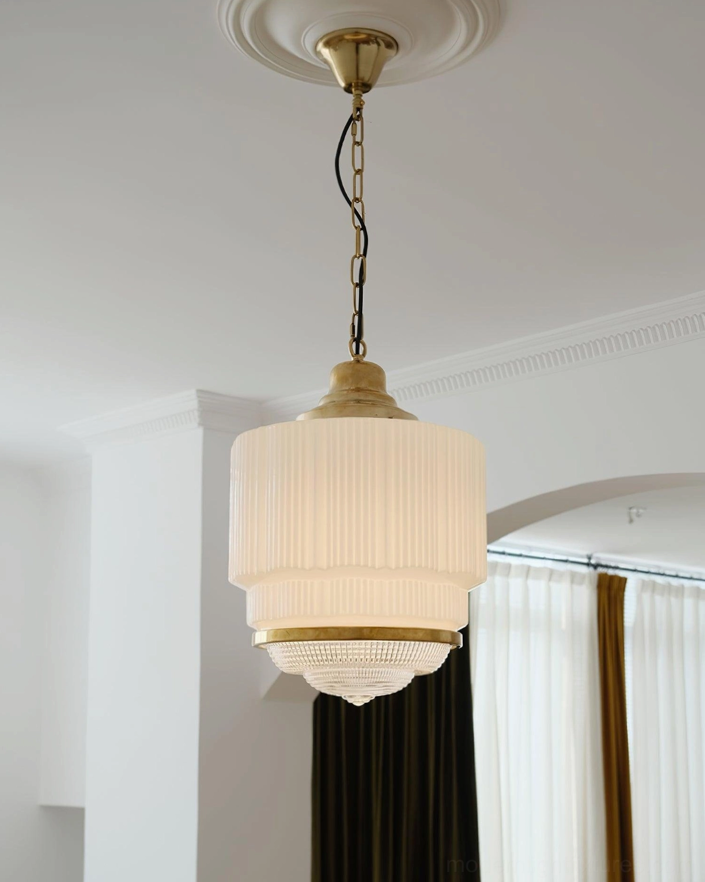Elena Mid-Century Brass and White Glass Pendant - Detailed Side Profile - Ribbed Shade Construction