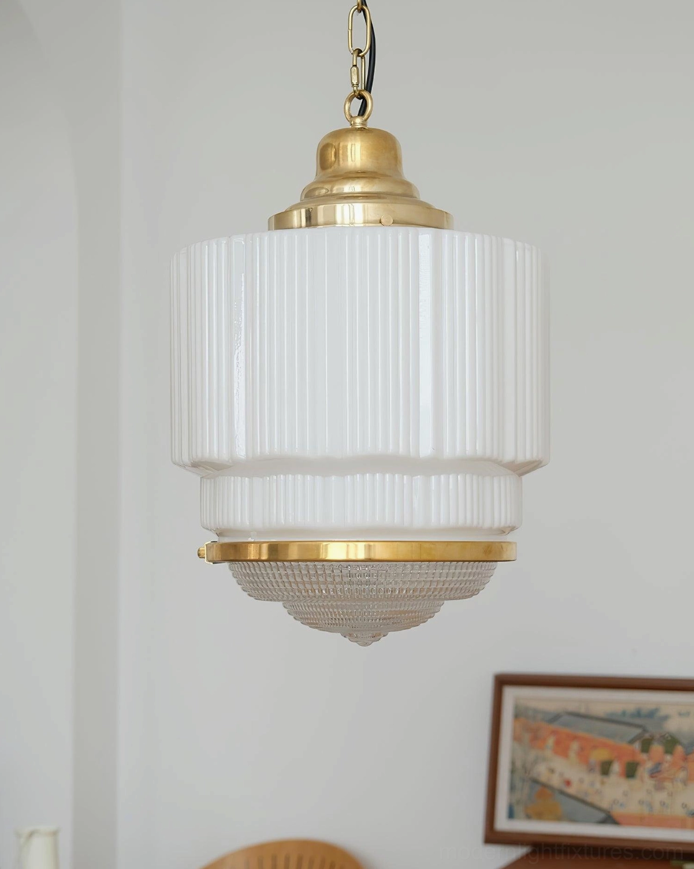 Elena Oversized Art Deco Pendant Lamp - Eye-Level Residential Living Room with Wall Art - Large Ribbed Glass