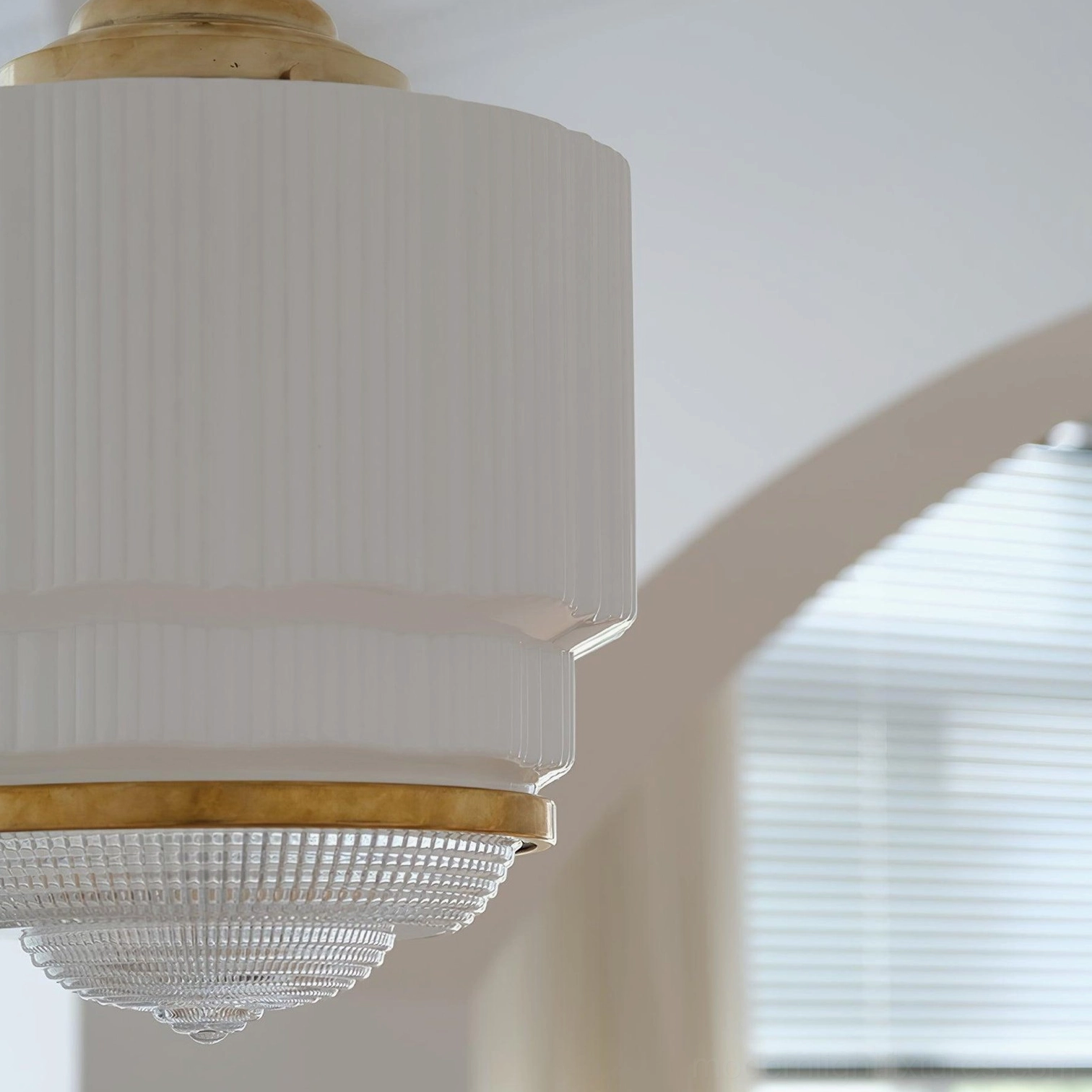 Elena Pendant Light Fixture - Close-Up Detail Shot - Brass Ceiling Mount and Glass Ribbed Texture