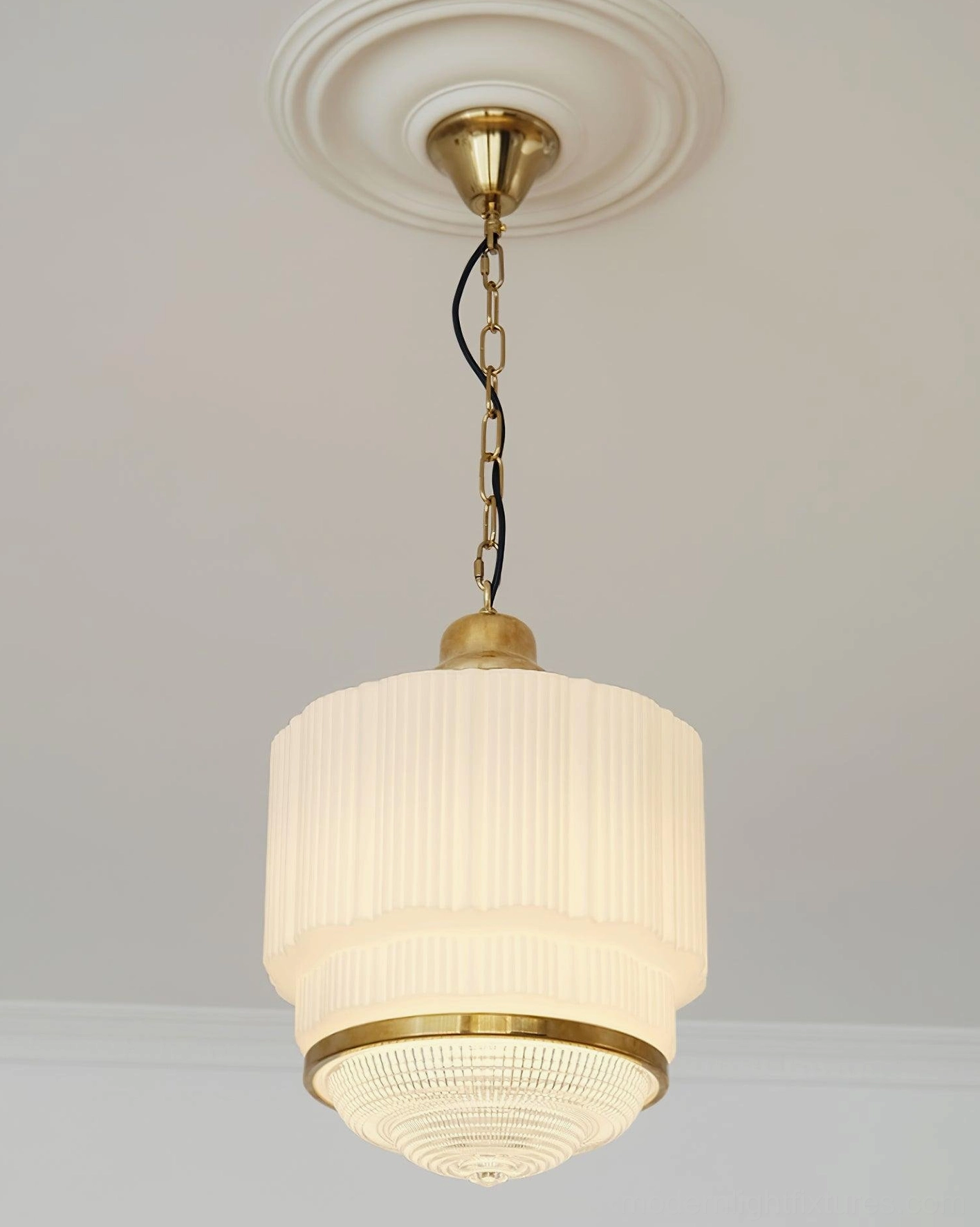 Elena Brass and White Pendant Light - Hanging Configuration Detail - Adjustable Chain and E26 Socket