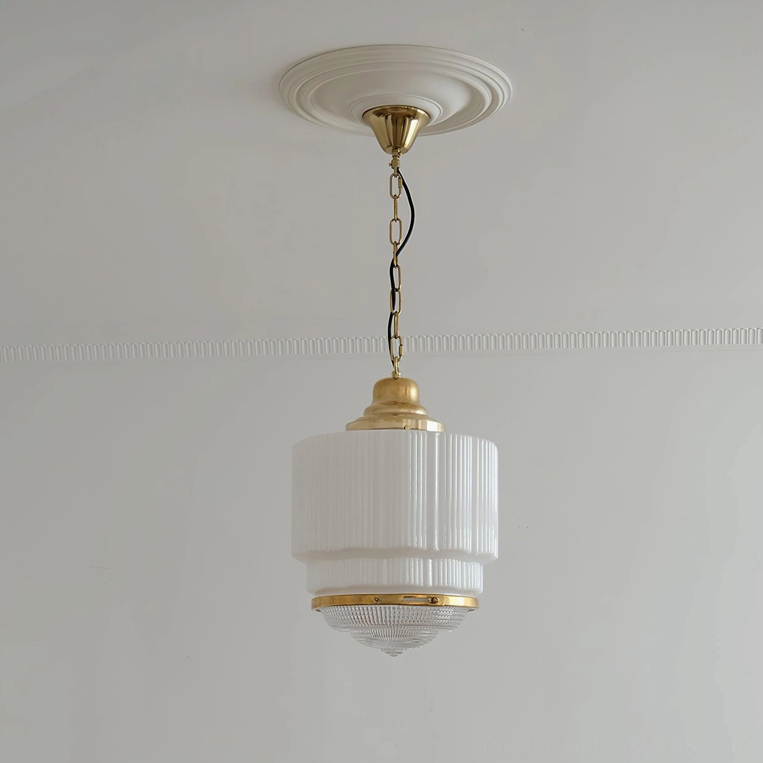 Elena Modern Pendant Light Installed in Minimalist White Room - Upward Angled View Showing Glass Diffusion