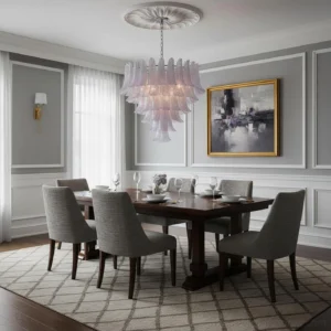 Pale purple tiered glass chandelier illuminating formal neoclassical dining room with grey neutral decor