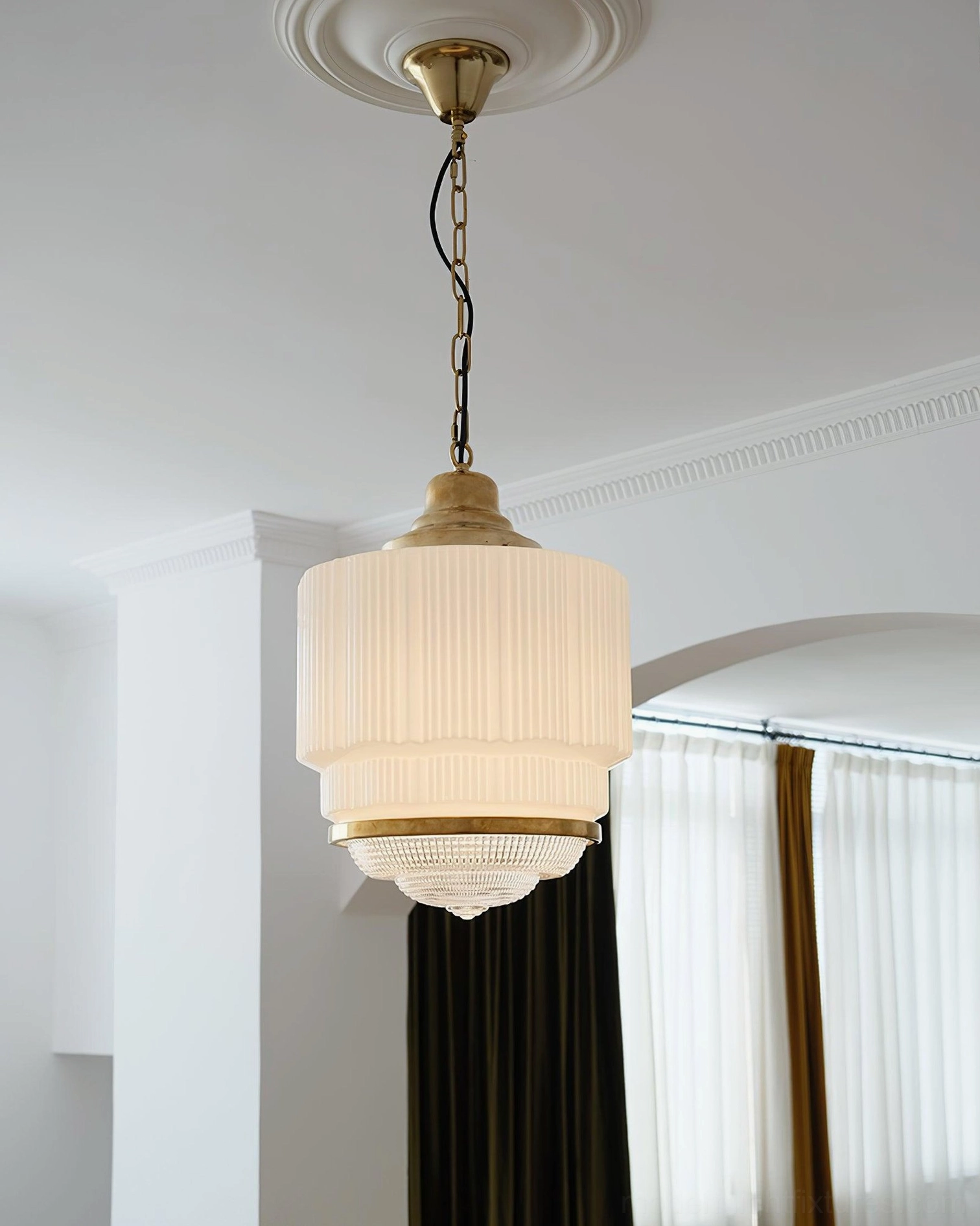 Elena Ribbed Glass Pendant Lamp - Bottom View Detail - Light Diffusion Through Tiered Glass Shade
