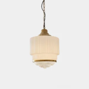 Elena Brass and White Ribbed Glass Pendant Light - Mid-Century Modern Hanging Fixture - Front View Studio Shot