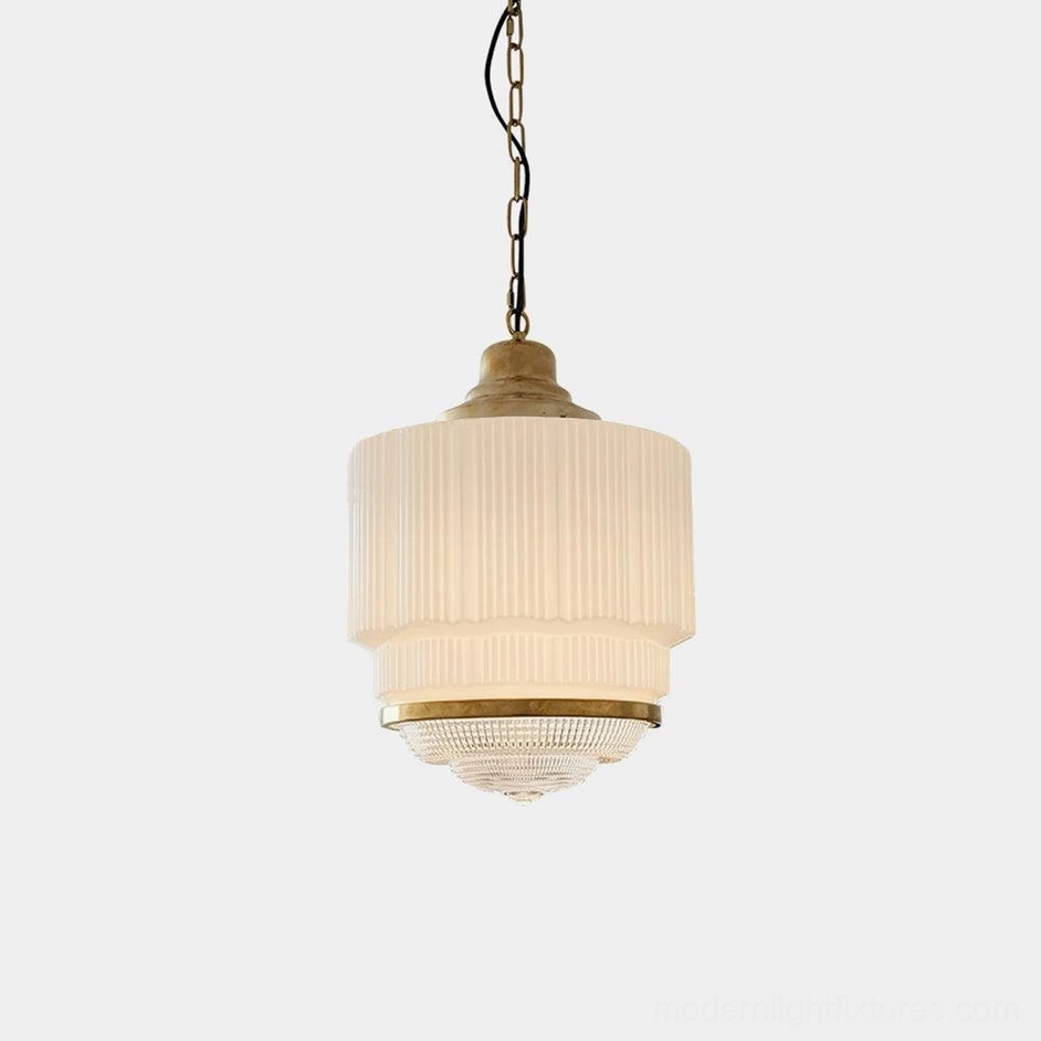 Elena Brass and White Ribbed Glass Pendant Light - Mid-Century Modern Hanging Fixture - Front View Studio Shot