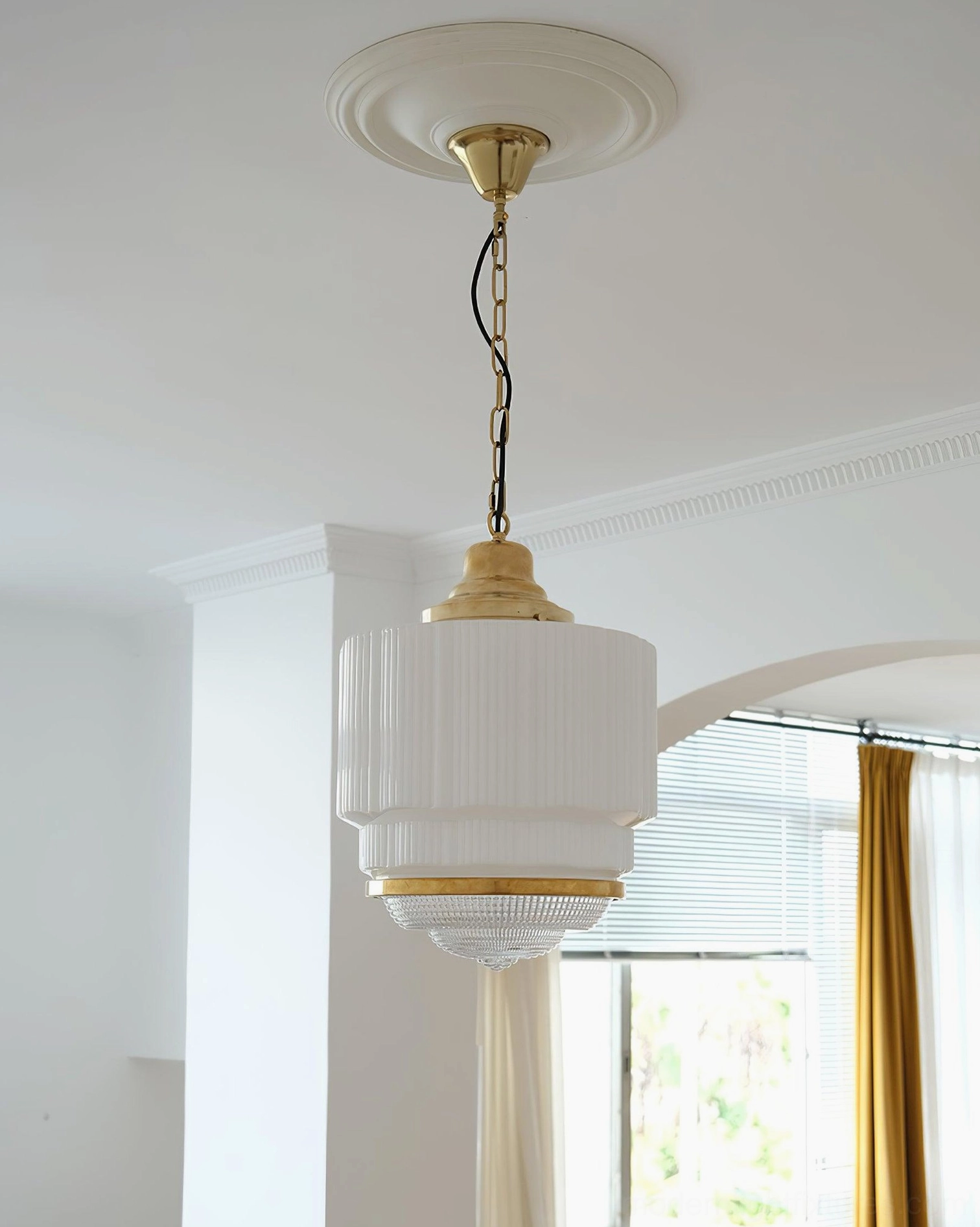 Elena Tiered Glass Pendant Light - Room with Yellow Curtained Window - Brass Gold Accents Detail