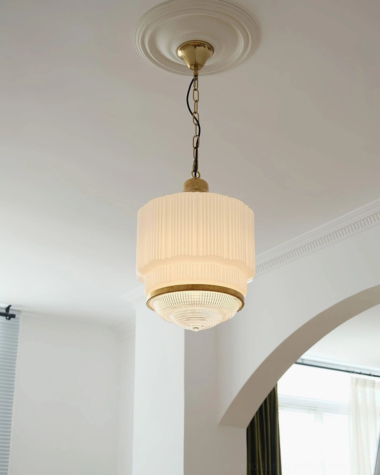 Elena Vintage Pendant Light Through Archway - Bright Interior Space - Illuminated Ribbed Glass with Brass Chain